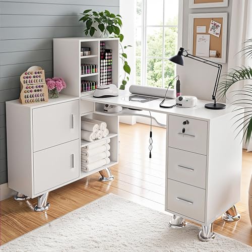 Manicure Table Nail Station w/Dust Collector - L-Shaped Nail Tech Table with Shelves, Storage Cabinets, Drawers, Metal Handles & Legs, Salon Wrist Rest, Beauty Salon Workstation Decor (White) -