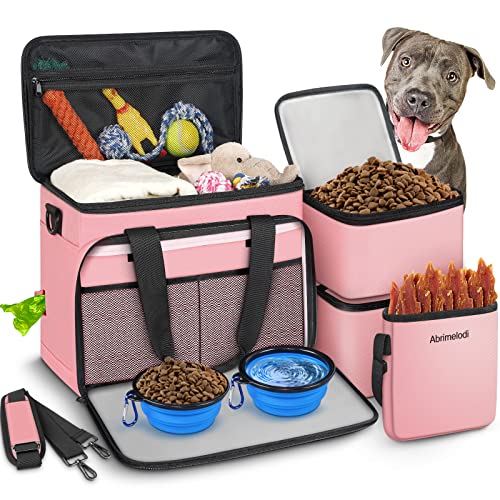 Abrimelodi 6 Set Dog Travel Bag, Large Pet Supplies for Dogs, Includes 2 Collapsible Dog Bowls, 2 Food Containers, 1 Treat Pouch with Pet Travel Bag, Pink -