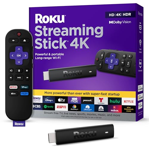 Roku Streaming Stick 4K - HDR & Dolby Vision Roku Streaming Device for TV with Voice Remote & Long-Range Wi-Fi - Free & Live TV -
