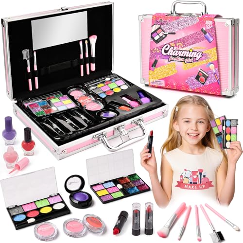 Golray Teen Makeup Kit for Girls Ages 8-12, Starter Full Make up Set With Train Case / 4 Eyeshadow Pallets/Blush/Nail Polish/Lipstick/Brush, Kid Birthday Gift Beauty Toy for Girl 9 10 11 12 Years -