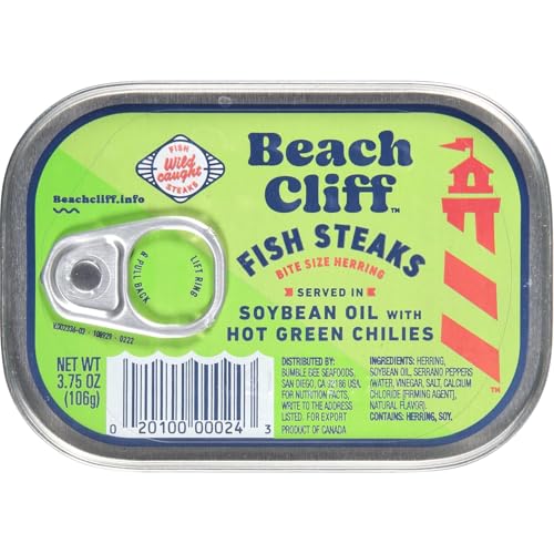 Beach Cliff Wild Caught Fish Steaks in Soybean Oil with Green Chilies, 3.75 oz Can - 16g Protein per Serving - Gluten Free, Keto Friendly - Great for Pasta & Seafood Recipes -