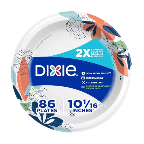 Dixie Large Paper Plates, 10 Inch, 86 Count, 2X Stronger*, Microwave-Safe, Soak-Proof, Cut Resistant, Disposable Plates For Everyday Breakfast, Lunch, & Dinner Meals -