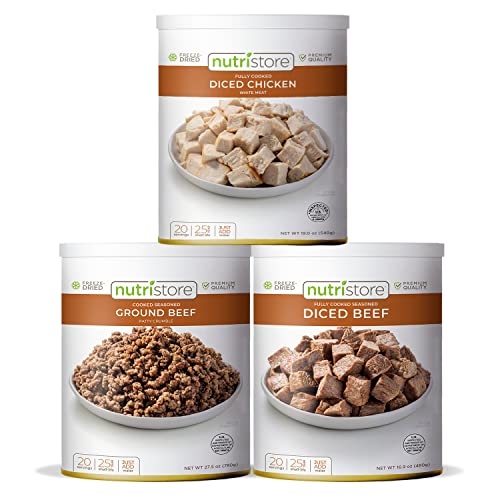 Nutristore Freeze Dried Beef Dices | Pre-Cooked Meat for Backpacking, Camping, Meal Prep | Long Term Survival Emergency Food Supply | 25 Year Shelf Life | Bulk #10 Can | Made in USA (Variety 3-Pack) -