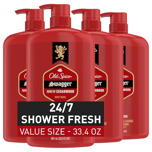 Old Spice Refreshing Body Wash for Men, 3X Defense, 24/7 Shower Fresh with Long Lasting Scent, Red Collection, Swagger with Cedarwood Scent, 33.4 oz (Pack of 4) -