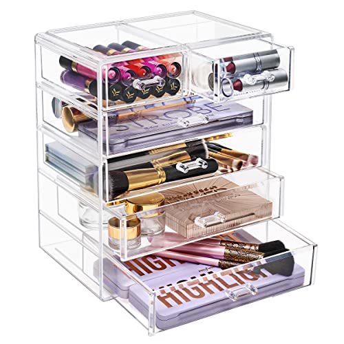 Sorbus Acrylic Makeup Organizer - Organization and Storage Case for Cosmetics Make Up & Jewelry - Big Clear Makeup Organizer for Vanity, Bathroom, College Dorm, Closet, Desk (4 Large, 2 Small Drawers) -