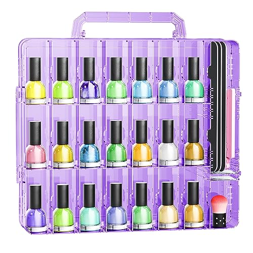JIASHENG Nail Polish Organizer Case Holders, 48 Bottles Universal Nail Storage Box for Double Side Adjustable Space Divider for Acrylic Nail Gel Dip Powder Tips Set with Toe Separator, Purple -