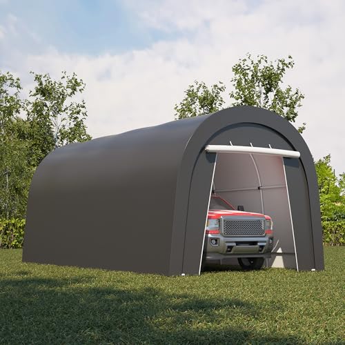 FansaFurn Carport, 10X20 Ft Round Portable Garage, Steel Heavy Duty Carport with Ground Stakes, Tensioner and 2 Roll Up Windows PE Fabric Car Port, Garage, Storage Shed, Tent for Storage, SUV -