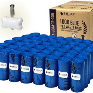 GORILLA SUPPLY 1000 Dog Poop Waste Bags with Dispenser and Leash Tie, 9" x 13", Blue, 1000 Count -