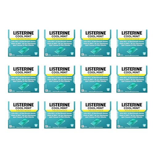 Listerine Cool Mint PocketPaks Portable Breath Strips for Bad Breath, Fresh Breath Strips Dissolve Instantly to Kill 99% of Bad Breath Germs* On-The-Go, Cool Mint, 12 Pack -