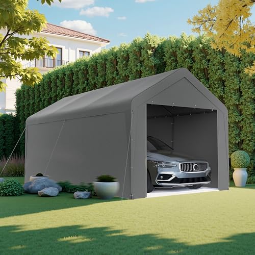 Kecreque Carport 10x20 Heavy Duty Portable Garage w/Removable Sidewalls & Roll-Up Door Car Canopy Party Tents Waterproof UV Resistant All Weather Car Port for Trucks,Boats (Grey) -