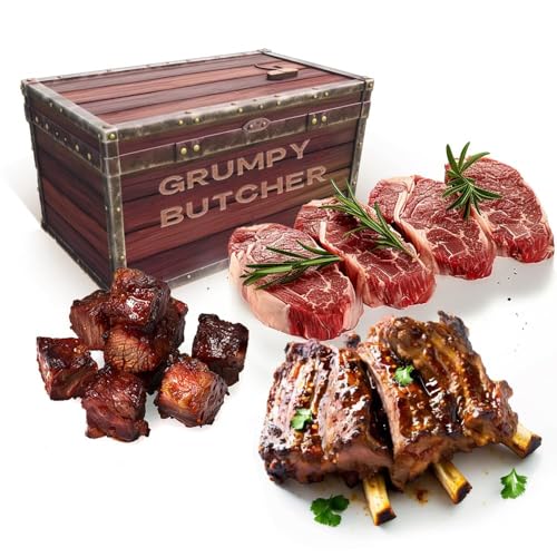 Grumpy Butcher Variety Steak House Meat Box - 4 Sirloin Steaks, Smoked Beef Brisket & Braised Wagyu Beef Short Ribs - Grumpy Food Gifts Gourmet Gift Baskets -