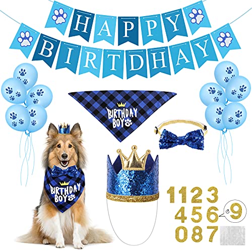 Selemoy Dog Birthday Party Supplies, Dog Birthday Hat Bandana Scarf with Cute Bow Tie, Flag, Balloons for Small Medium Dogs Pets, Doggie Party Supplies Decorations -