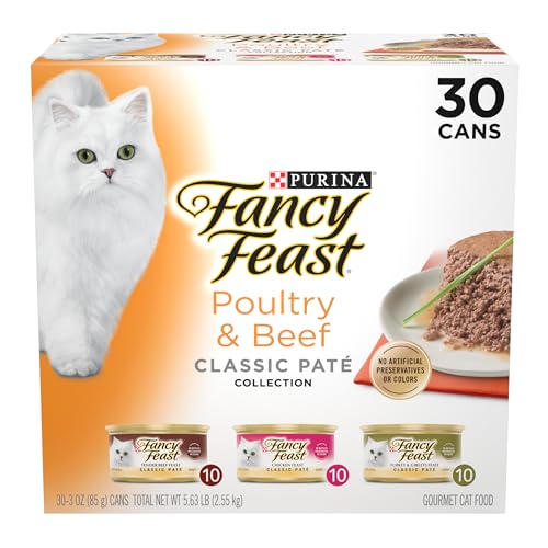 Fancy Feast Poultry and Beef Feast Classic Pate Collection Grain Free Wet Cat Food Variety Pack - (Pack of 30) 3 oz. Cans -