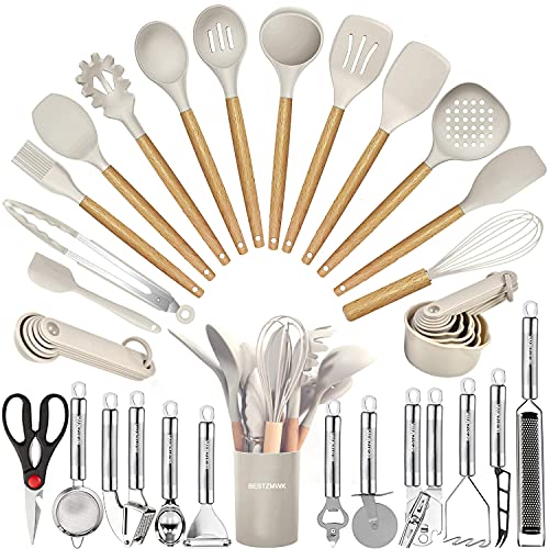 Kitchen Utensils Set- 35 PCs Cooking Utensils with Grater,Tongs, Spoon Spatula &Turner Made of Heat Resistant Food Grade Silicone and Wooden Handles Kitchen Gadgets Tools Set for Nonstick Cookware -