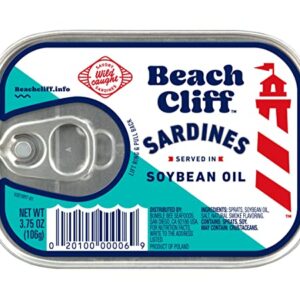 Beach Cliff Wild Caught Sardines in Soybean Oil, 3.75 oz Can - 13g Protein per Serving - Gluten Free, Keto Friendly - Great for Pasta & Seafood Recipes -