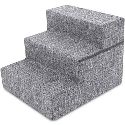 Best Pet Supplies Foldable Foam Pet Steps for Small Dogs and Cats, Portable Ramp Stairs for Couch, Sofa, and High Bed Climbing, Non-Slip Balanced Indoor Step Support, Paw Safe - Ash Gray Linen,3-Step -