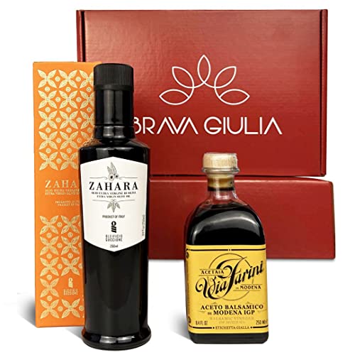 Brava Giulia Selections Gift Box | Premium Gourmet Italian Aged Via Farini Balsamic Vinegar Of Modena And Zahara Extra Virgin Olive Oil Imported From Italy -