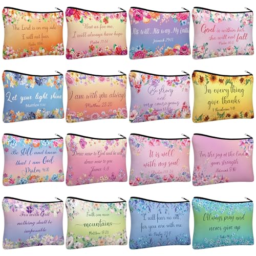 Pinkunn 16 Pcs Canvas Cosmetic Bag Bulk Inspirational Quotes Makeup Bags with Zipper Encouragement Travel Toiletry Pouch Appreciation Gift for Father's Day Graduation Summer Wedding(Bible) -