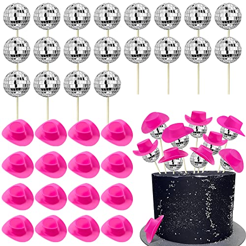 40 PCS Disco Ball Cake Decorations Cupcake Toppers 20 PCS Pink Cowboy Hat Cake Toppers Disco 1970s Theme Cake Pick Mini Western Cowgirl Hat Cake Toppers -
