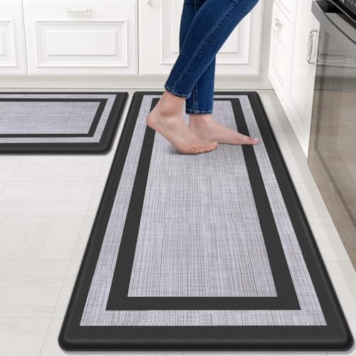 Mattitude Kitchen Mat [2 PCS] Cushioned Anti-Fatigue Non-Skid Waterproof Rugs Ergonomic Comfort Standing Mat for Kitchen, Floor, Office, Sink, Laundry, Black and Gray -