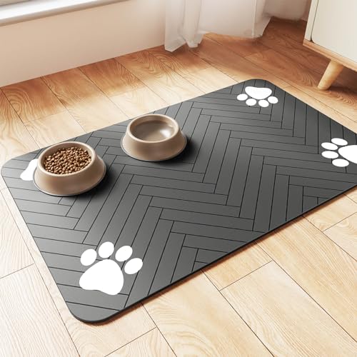 Pet Feeding Mat-Absorbent Pet Placemat for Food and Water Bowl, with Waterproof Rubber Backing, Quick Dry Water Dispenser Mat for Dog and Cat (12"x20", Striped Dark Gray) -