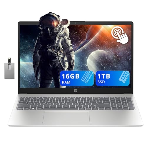 HP 15.6" HD Touchscreen Laptop, Intel i3-1215U, 16GB RAM, 1TGB PCIe SSD, Number Pad, HD Webcam, Fast Charge, Intel UHD Graphics, Win 11, Silver, 128GB Hotface USB Card – AmaSync Store