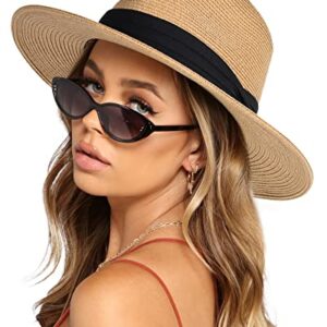 FURTALK Womens Mens Wide Brim Straw Panama Hat Fedora Summer Beach Sun Hat UPF Straw Hat for Women Khaki -