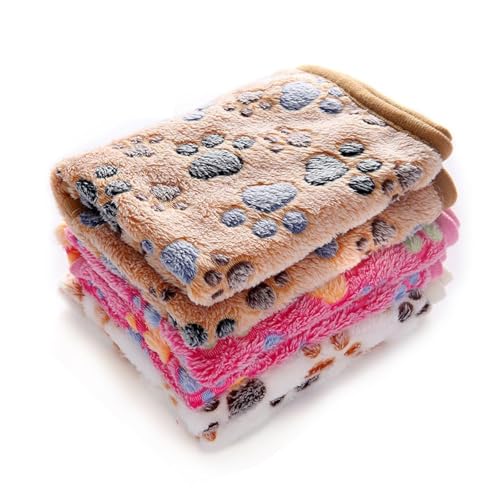 1 Pack 3 Blankets Super Soft Fluffy Premium Fleece Pet Blanket Flannel Throw for Dog Puppy Cat Paw Brown/Pink/White Small(23x16 inch) -