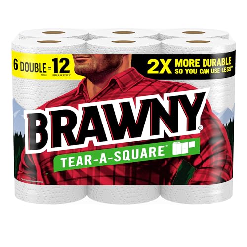 Brawny Tear-A-Square Paper Towels, 6 Double Rolls = 12 Regular Rolls, 3 Sheet Sizes (Quarter, Half, Full), Strength for All Messes, Cleanups, and Meal Prep, White -