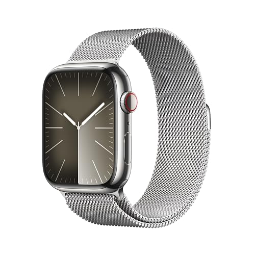Apple Watch Series 9 [GPS + Cellular 45mm] Smartwatch with Silver Stainless Steel Case with Silver Milanese Loop. Fitness Tracker, Blood Oxygen & ECG Apps, Always-On Retina Display -