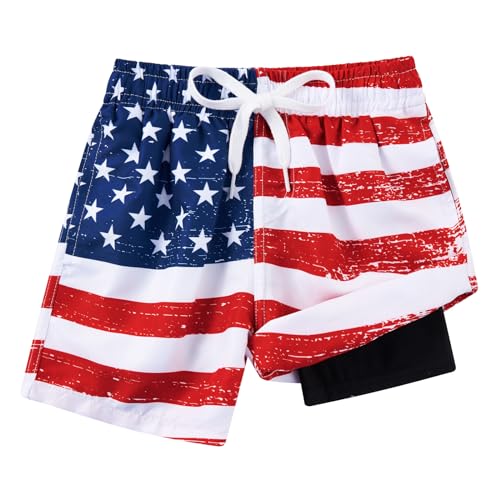 Cozople Boys 4th of July Swim Trunks with Compression Liner Patriotic Bathing Suit Swimwear Fashion American Flag Swimming Trunks -