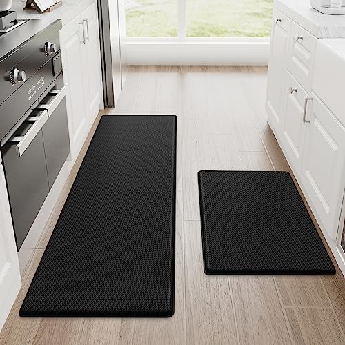 StepRite Kitchen Mats, 2PCS Kitchen Rugs, Cushioned Anti Fatigue Kitchen Mats for Floor, Non-Slip Standing Desk Mat, Waterproof Kitchen Rug Set for Kitchen, Floor, Office, 17.3"x30"+17.3"x47", Black -