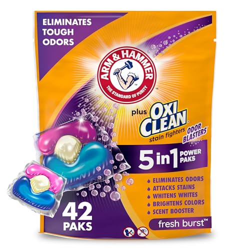 ARM & HAMMER Plus OxiClean with Odor Blasters Concentrated Laundry Detergent, 5-in-1 Laundry Stain Remover, Fresh Burst Detergent Power Paks, 42 Count Bag -