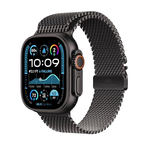 Apple Watch Ultra 2 [GPS + Cellular 49mm] Smartwatch, Sport Watch with Black Titanium Case with Black Titanium Milanese Loop - Large. Fitness Tracker, Precision GPS, Action Button, Carbon Neutral -