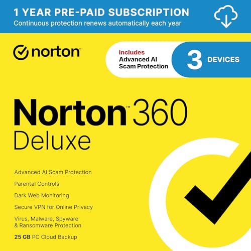 Norton 360 Deluxe 2025, Antivirus software for 3 Devices with Auto-Renewal – Includes Advanced AI Scam Protection, VPN, Dark Web Monitoring & PC Cloud Backup [Download] – AmaSync Store
