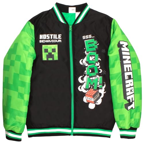 Minecraft Varsity Bomber Jackets for Boys Graphic Print Casual Fashion Coats for Kids (Neon Green and Black Size 8) -