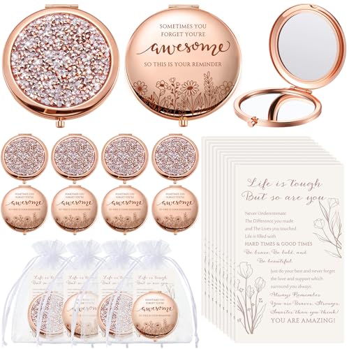CroBlissful 10 Sets Women Gifts Inspirational Compact Mirror Makeup Rhinestone Purse Double Sided Folding Mirror with Gift Cards for Women Party Favors Cna Week Gift Nurse Adults -