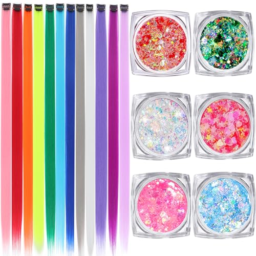 Colored Hair Extensions, 22 Inch Straight Clip in Hair Extension Body Face Hair Glitter Multi Color Rainbow Pink Red Hairpiece Extensions for Kids Girls Women (Glitter+12 color) -
