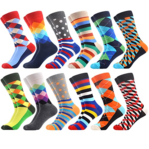 WeciBor Men's Dress Funny Crazy Novelty Colorful Cotton Crew Socks, 12 Pack Multicolor Geometric, Size 10-13 -