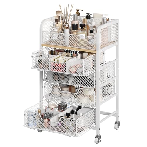 Hongtamoya Makeup Cart Organizer with 4 Drawers, Large Floor Skincare Organizers, Vanity Storage Organizer Cosmetics Display Cases for Skin Care Perfume Nail Polish, White (Patent Pending) -