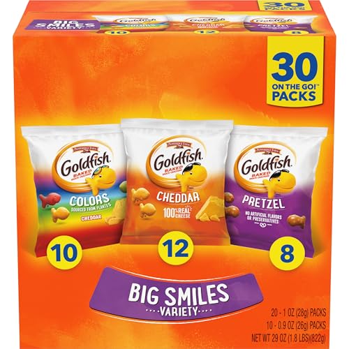 Goldfish Crackers Big Smiles Variety Pack with Cheddar, Colors, and Pretzels, Snack Packs, 30 Ct -
