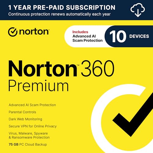Norton 360 Premium 2025, Antivirus software for 10 Devices with Auto-Renewal – Includes Advanced AI Scam Protection, VPN, Dark Web Monitoring & PC Cloud Backup [Download] – AmaSync Store
