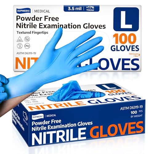 Supmedic Medical Nitrile Exam Gloves, Latex-Free, Powder-Free, Food Safe, Cooking Food Prep, Disposable Gloves, Blue, 100 Pcs (Large) -