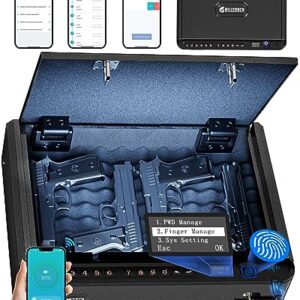 BILLCONCH Smart Gun Safe with Security Cable - Biometric Pistol Safe for Handgun 4 Ways Quick Access with Fingerprint/Keypad/Key/APP Lock, for Nightstand Bedside Home Car with LCD and Voice Guide -