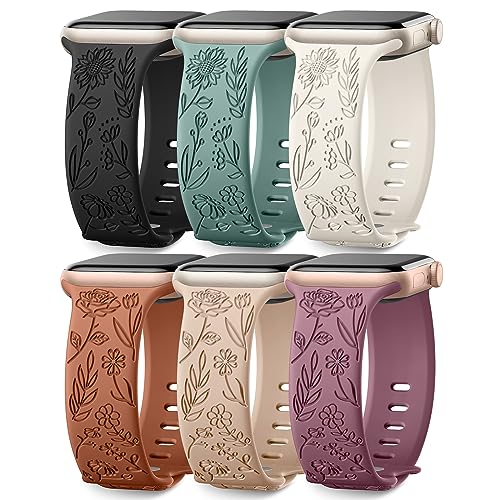 6 Pack Floral Engraved Bands Compatible with Apple Watch Bands 44mm for Women 40mm 41mm 45mm 49mm, Adjustable Comfortable Soft Silicone for iWatch Bands 38mm Womens Series -