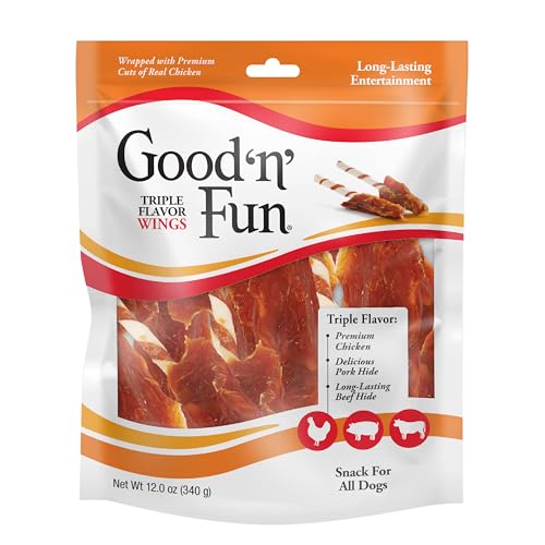 Good ‘n’ Fun Triple Flavor Wings Chews for All Dogs, 12 Ounces, Treat Your Dog to Long-Lasting Chews Made with Chicken, Pork Hide and Beef Hide -