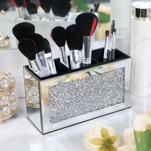 SHYFOY Mirrored Makeup Brush Holder Organizer, 3 Slot Glass Cosmetics Brushes Storage Holders with Crystal Crushed Diamond, Cute Pen and Pencil Holder for Desk, Eyeliners Display Case for Vanity -