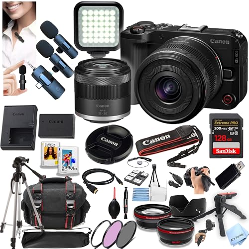 Canon EOS R50V Mirrorless Camera with 14-30mm Lens + 128GB Extreme Memory, Wireless Lavalier Microphones, Lenses, Filters, Case, Tripod, Flash, Software, and More (Content Creator Bundle) (Renewed) – AmaSync Store