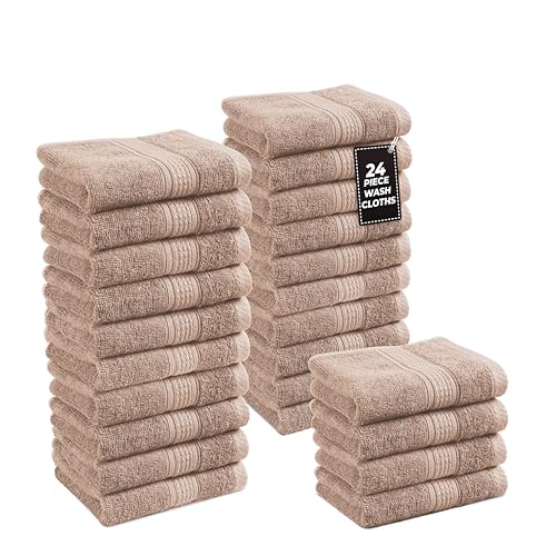 LANE LINEN Washcloths 24 Pack - Spa & Salon Quality - 100% Ring Spun Mercerized Cotton Face Towels - Very Soft & Absorbent Wash Cloths for Body, Beauty, Home, Gym - Fingertip Towels - 13"x13", Taupe -