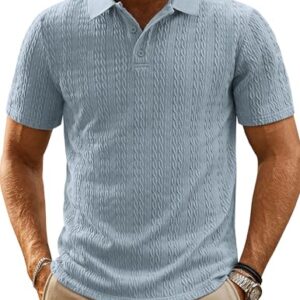 PJ PAUL JONES Mens Polo Shirts Solid Textured Polo Shirt Stretchy Short Sleeve Shirts Summer Golf Shirts Blue Gray -